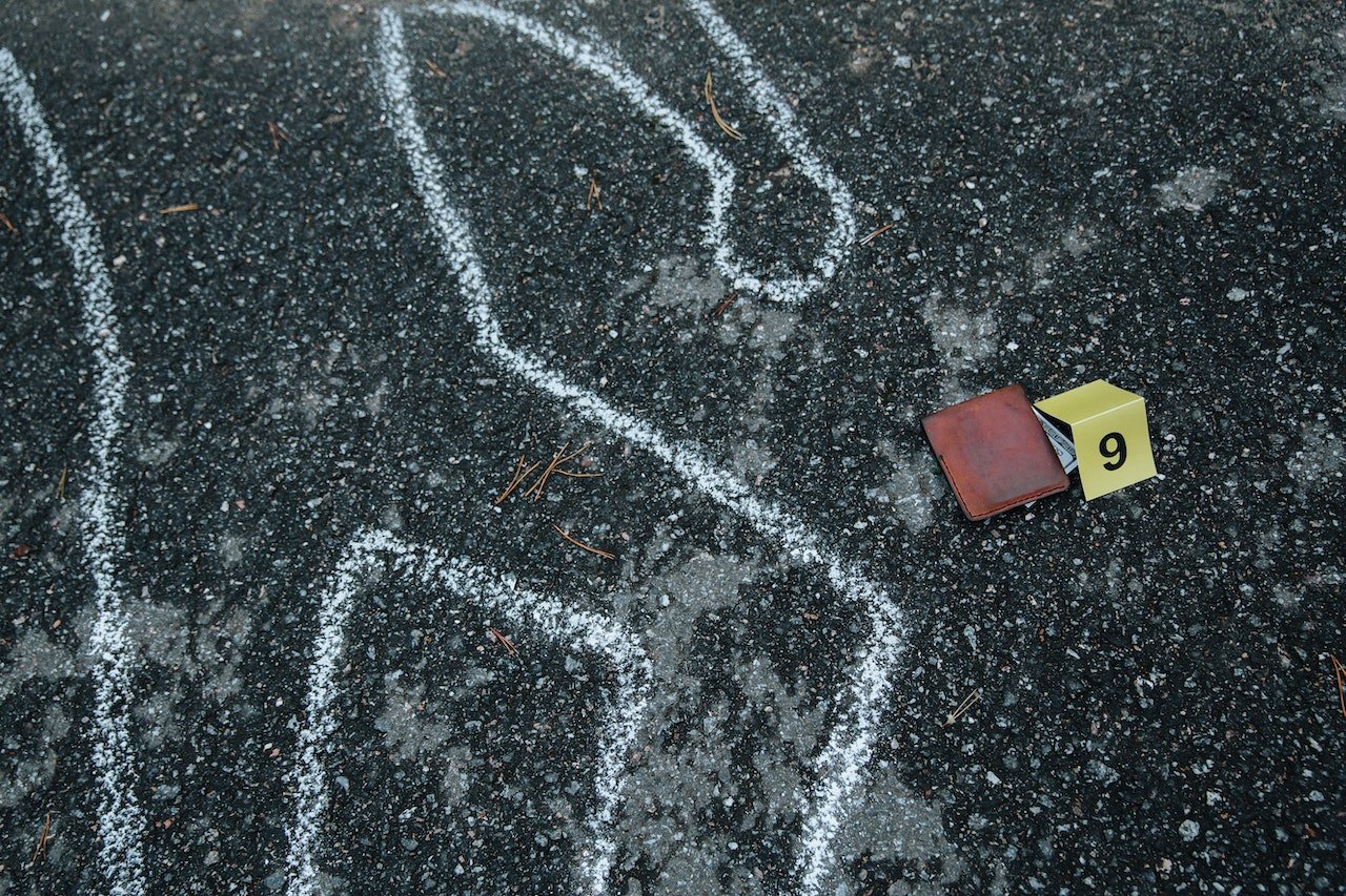 chalk outline of body and evidence tag depicting murder, manslaughter, and homicide page