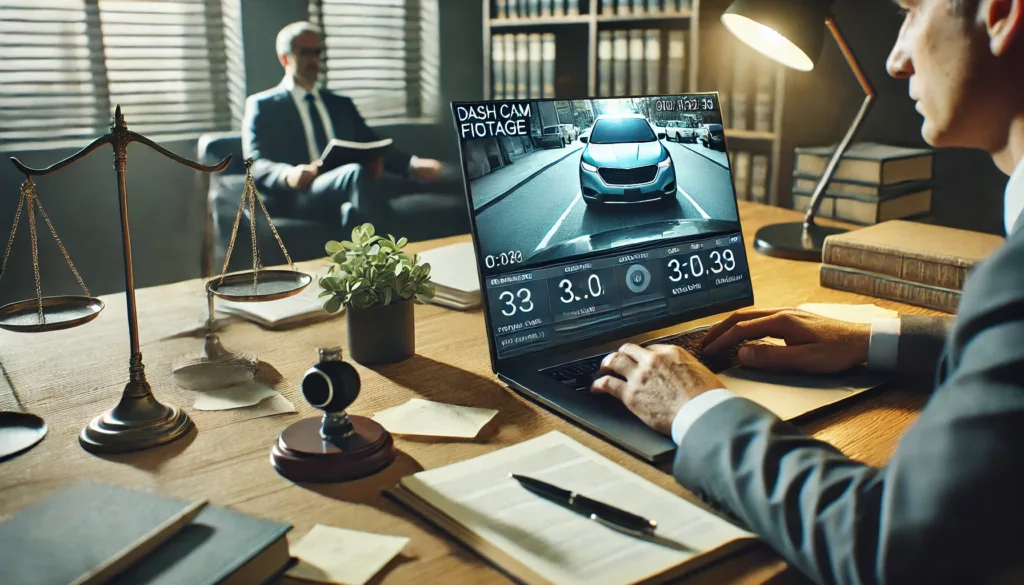 A lawyer analyzing dash cam footage on a laptop in an office, with a paused video of a traffic stop displayed on the screen and legal documents scattered on the desk, emphasizing a professional and focused environment.