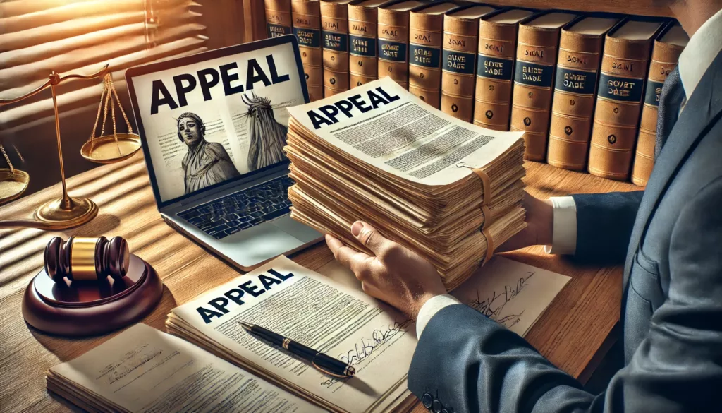 A legal professional in an office reviewing a stack of legal documents labeled "Appeal," with a laptop displaying court case details. The setting includes law books, emphasizing the process of appeals and post-conviction relief.