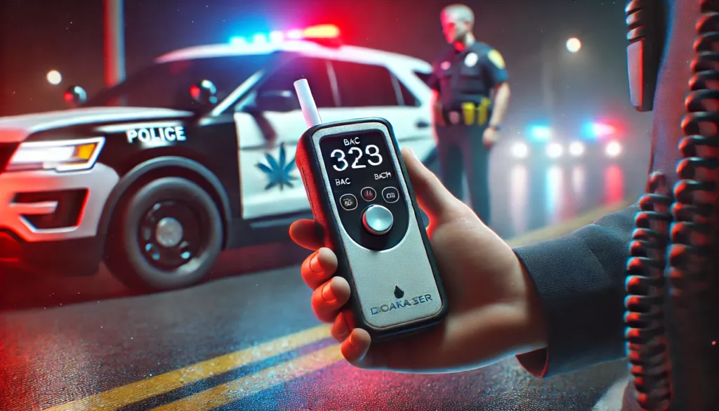 A police officer holding a modern breathalyzer device during a nighttime roadside stop, with a blurred background showing a vehicle and subtle red and blue police car lights. The image highlights the importance of BAC measurement in DWI cases.