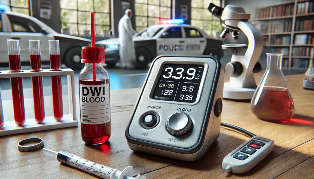 A breathalyzer device on a police officer's dashboard with calibration tools nearby, alongside a sealed blood sample in a medical lab setting, symbolizing the scrutiny and challenges in DWI cases regarding testing equipment and evidence.