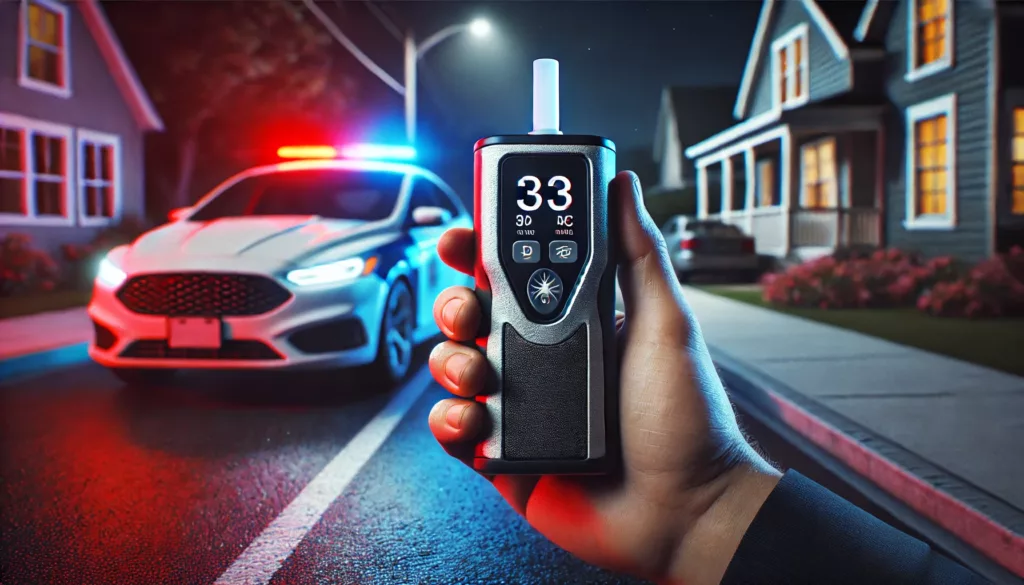 A police officer holding a modern breathalyzer during a nighttime roadside stop, with red and blue police car lights subtly illuminating the scene. The background features a parked car and a quiet suburban street, emphasizing the importance of BAC testing in DWI enforcement.