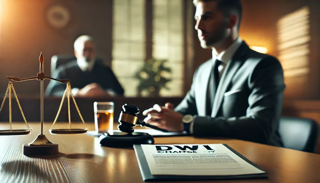 A professional courtroom scene showing a defense attorney presenting a case, with a DWI charge document on the table, emphasizing the importance of a strong legal defense.