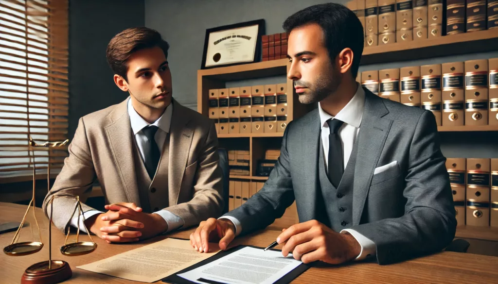A client sitting across from a criminal defense lawyer in a professional office setting, discussing case documents with a concerned yet hopeful expression