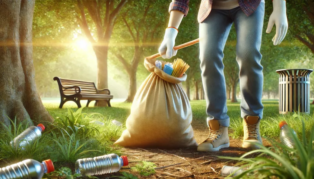 A person picking up litter in a park as part of community service, wearing gloves and holding a trash bag. The sunny park setting with trees symbolizes positive contributions and personal growth through volunteering.