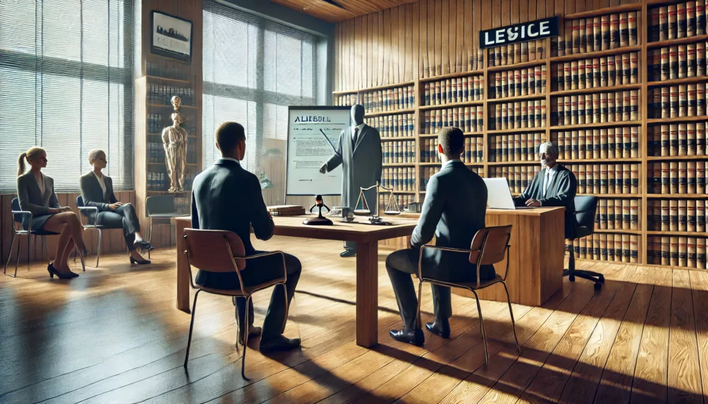 A mock trial scene in an office, featuring a legal professional questioning a witness, with legal bookshelves and a whiteboard in the background, emphasizing preparation and focus.
