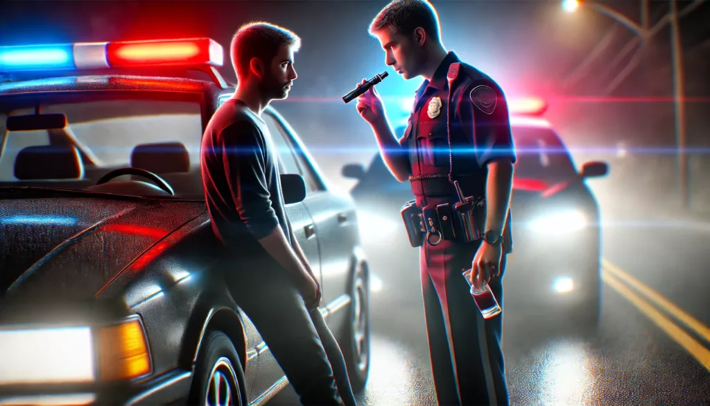 a drugged driving person stopped by a police officer being questioned next to a police car