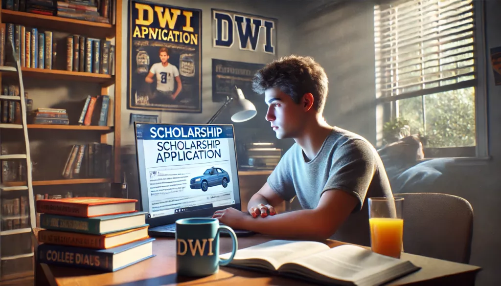 College student sitting at a desk in a dorm room, reviewing a scholarship application on a laptop, symbolizing the impact of a DWI conviction on academic opportunities and scholarships.