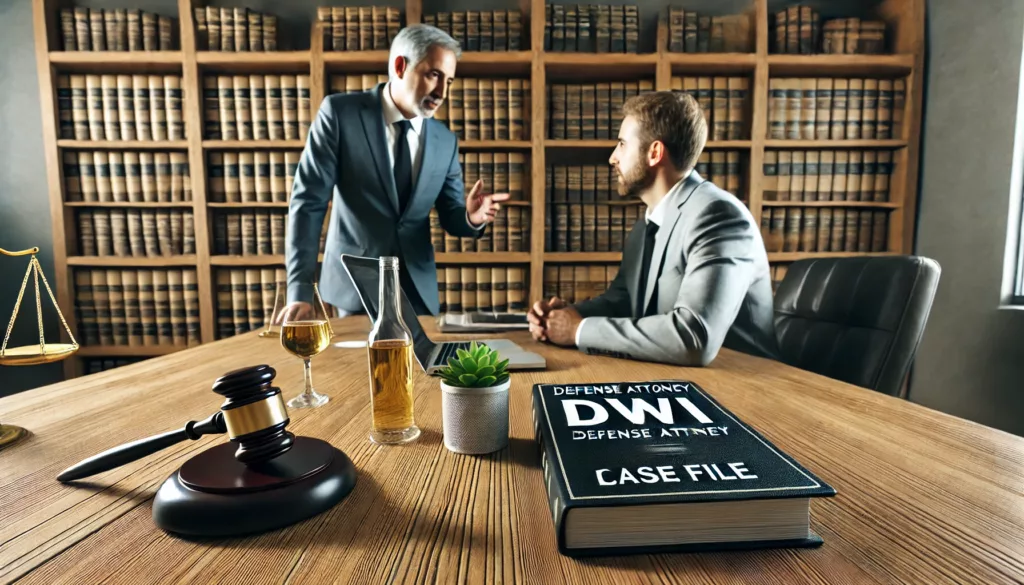 an attorney explaining what it is important to hire an attorney experienced in DWI in a conference room with law books behind the two people