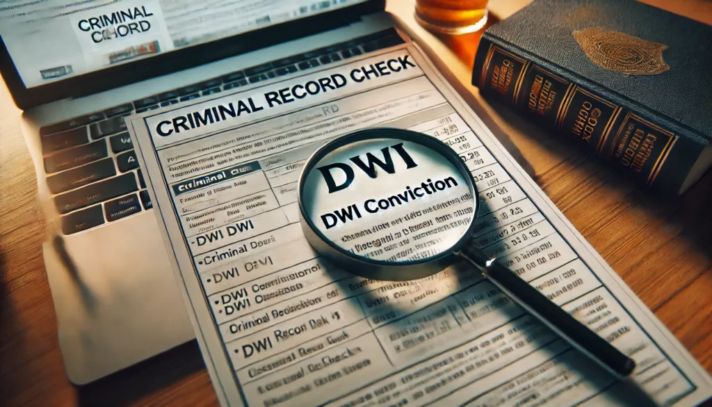 Criminal record document with a magnifying glass focusing on ‘DWI Conviction,’ highlighting the long-term consequences of a DWI on an individual’s future.