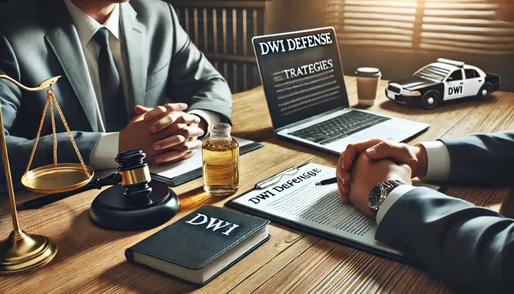 A legal consultation scene with a defense attorney explaining DWI defense strategies to a client. The desk includes legal documents, a notepad, and a laptop open to court records, symbolizing strategic planning and professional legal support.