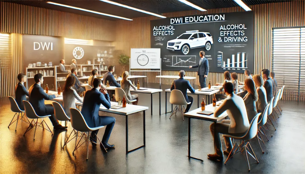 A classroom setting where individuals are attending a DWI education program, with a presenter near a whiteboard showing diagrams about alcohol effects and driving, while attendees sit at desks taking notes. The environment is professional and focused.