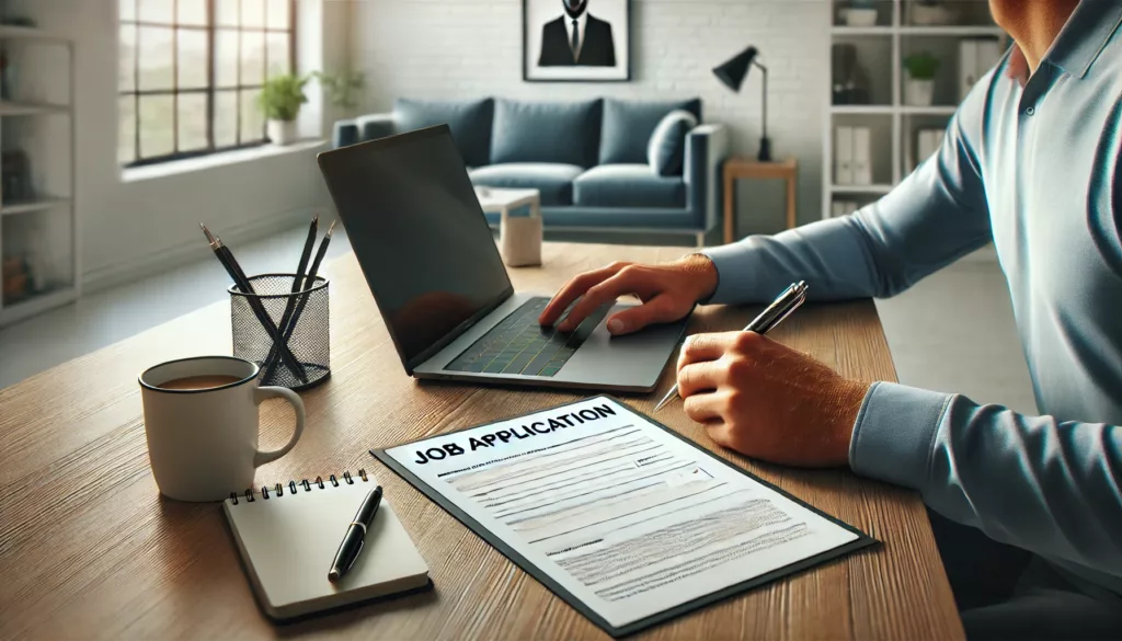 A person sitting at a desk, filling out a job application on a laptop. The desk features a pen, a notepad, and a cup of coffee, set in a calm, professional home office environment, symbolizing honesty and preparedness during the job application process.
