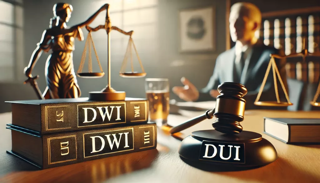 A courtroom scene focusing on the distinction between DWI and DUI, featuring a judge’s gavel on a desk with legal documents labeled ‘DWI’ and ‘DUI.’ In the background, a blurred image of a scale of justice and an attorney speaking to a client is visible.