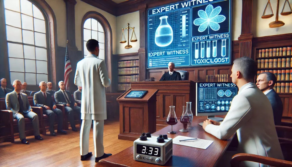 A courtroom scene where an expert witness, such as a toxicologist, is presenting evidence to a judge and jury, standing near a screen displaying scientific data. The professional atmosphere emphasizes the importance of expertise in DWI cases.