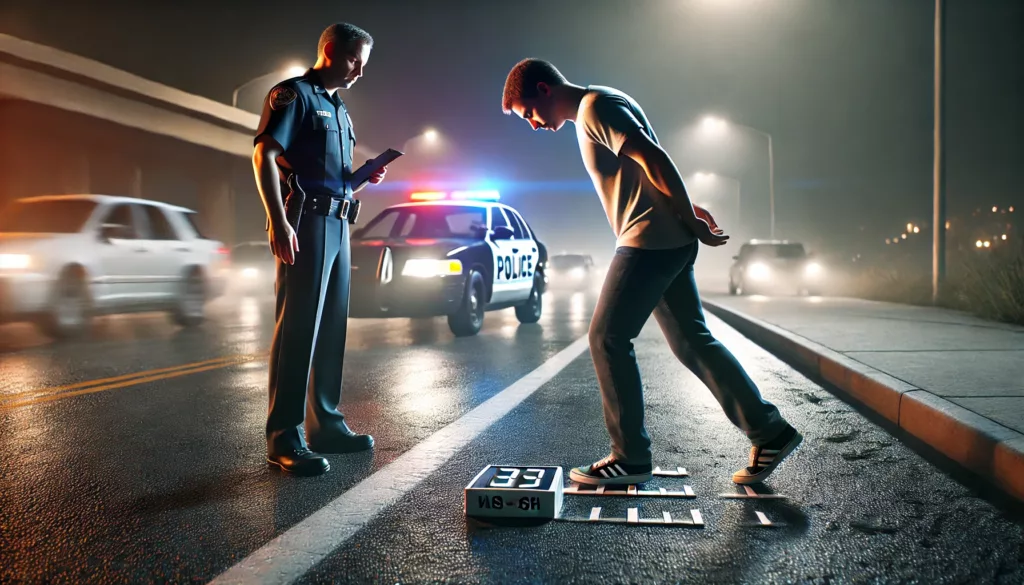 A police officer administering a field sobriety test to a person on the side of a dimly lit road. The person attempts a walk-and-turn test on an uneven surface, with traffic visible in the background, highlighting the real-world challenges of field sobriety tests.