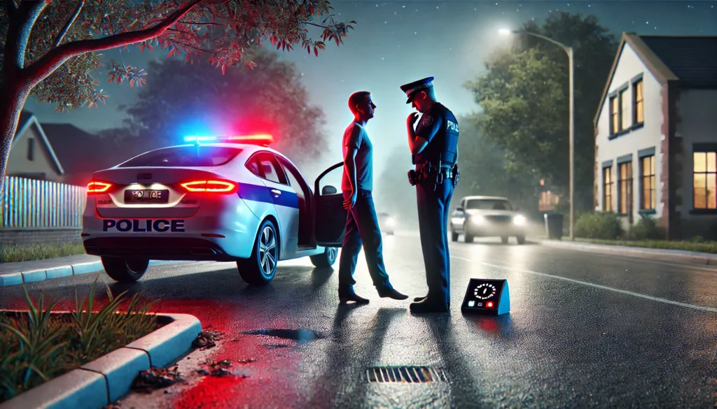 DWI Fundamentals & Awareness: What You Need to Know officer conducting walk and turn test on night street with person, police car with flashing lights in background
