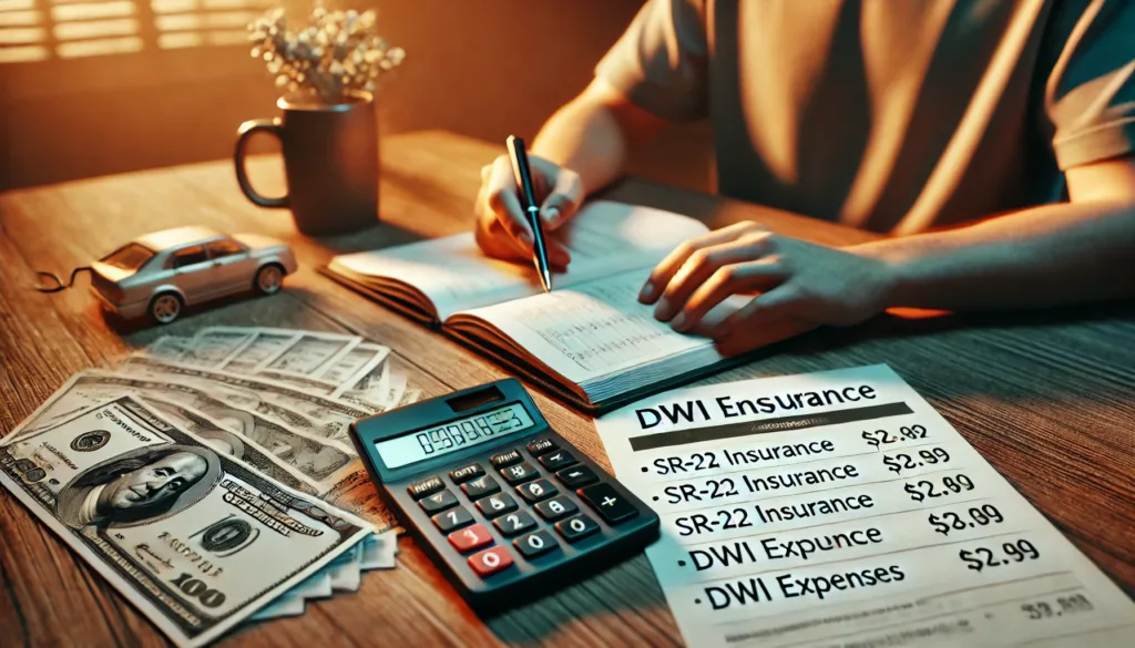 A person sitting at a desk with a calculator, bills, and a budget planner, alongside an SR-22 insurance document and a list labeled 'DWI Expenses,' symbolizing financial planning and recovery after a DWI conviction.