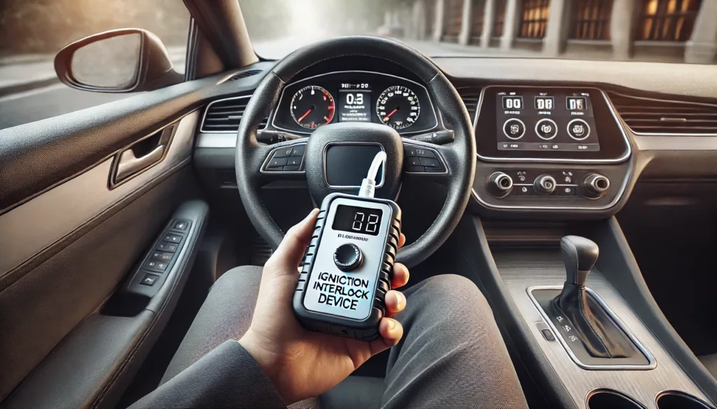 A person in a car using an ignition interlock device, with the dashboard and steering wheel in focus, emphasizing the routine and responsibility of operating the device under natural daylight.