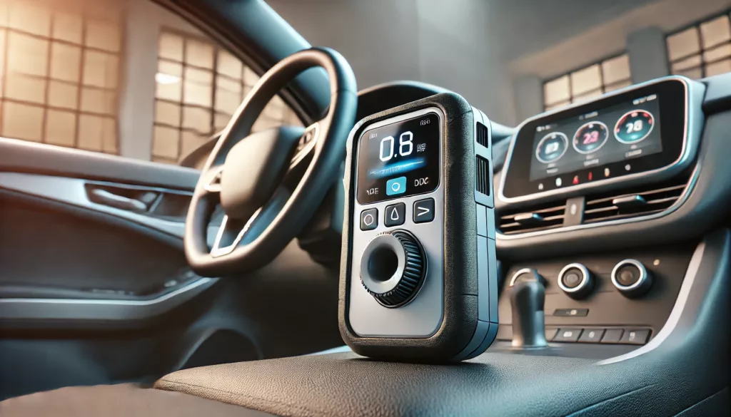 Close-up of an ignition interlock device installed in a car’s dashboard, highlighting its breathalyzer component and display screen.