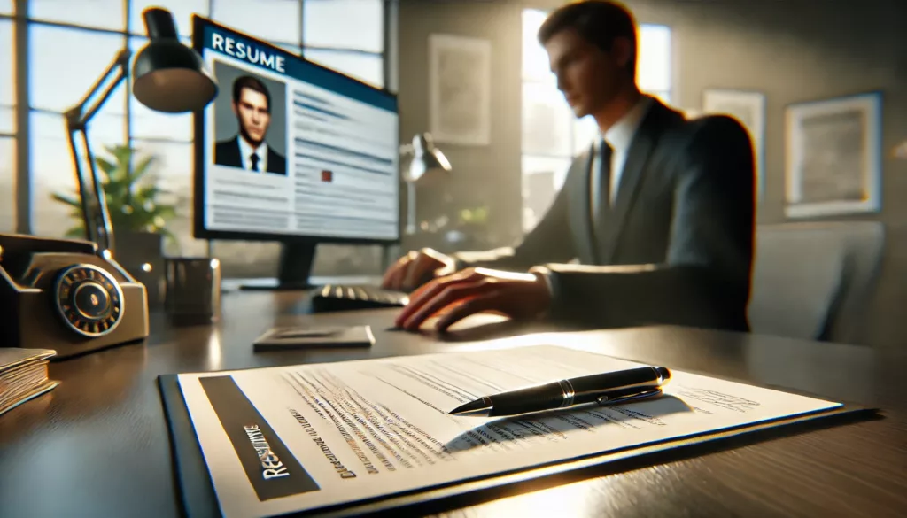 Close-up of a resume and pen on a desk in a professional office, with a computer screen showing a job application, symbolizing the impact of a criminal conviction on employment and professional licenses.