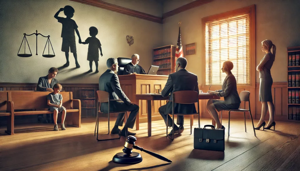 Family law courtroom with a judge, parent, and lawyer, emphasizing the serious impact of a DWI conviction on child custody decisions, with a child’s drawing in the background.