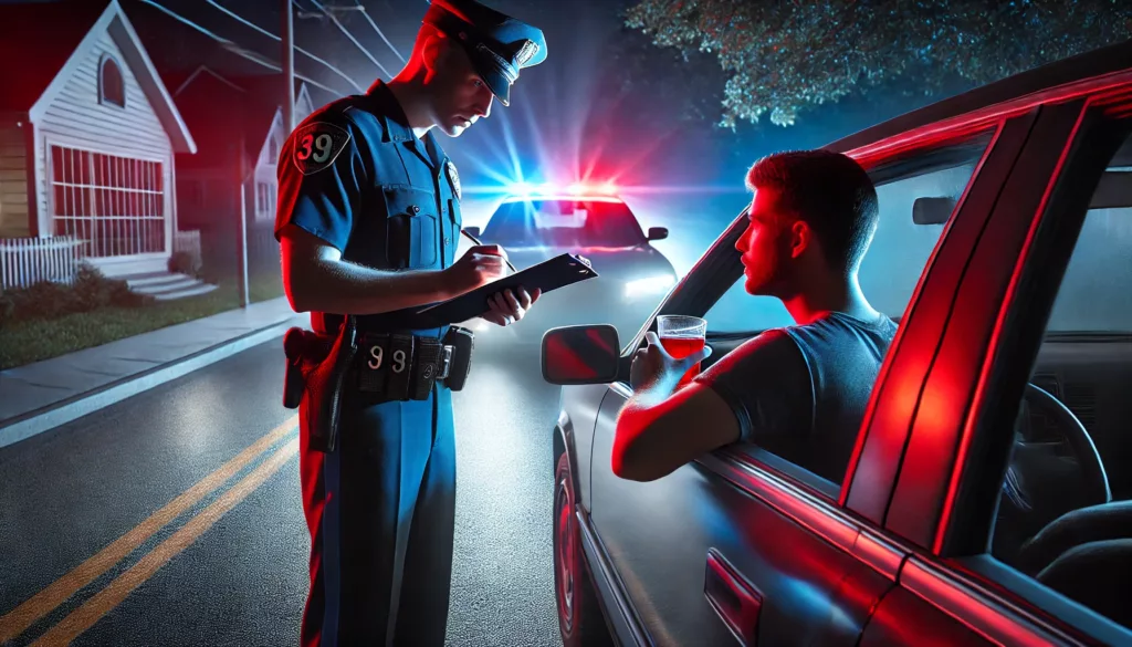 A police officer conducting a traffic stop at night, holding a clipboard while speaking to a driver through a car window, with red and blue police lights illuminating the scene. The image emphasizes the legal implications of implied consent laws in DWI cases.