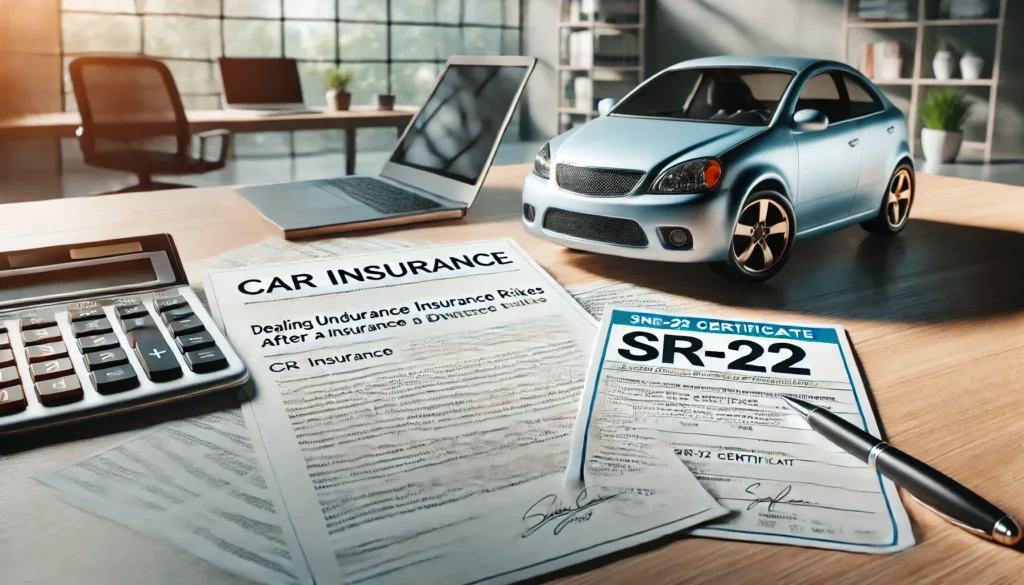 Car insurance policy document and SR-22 certificate on a desk, highlighting the financial impact and requirements following a DWI conviction.