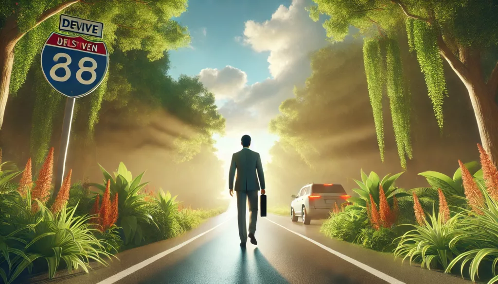 A person walking on a bright, open road surrounded by greenery, holding a briefcase and looking toward a clear blue sky, symbolizing hope and progress after overcoming challenges like a DWI.