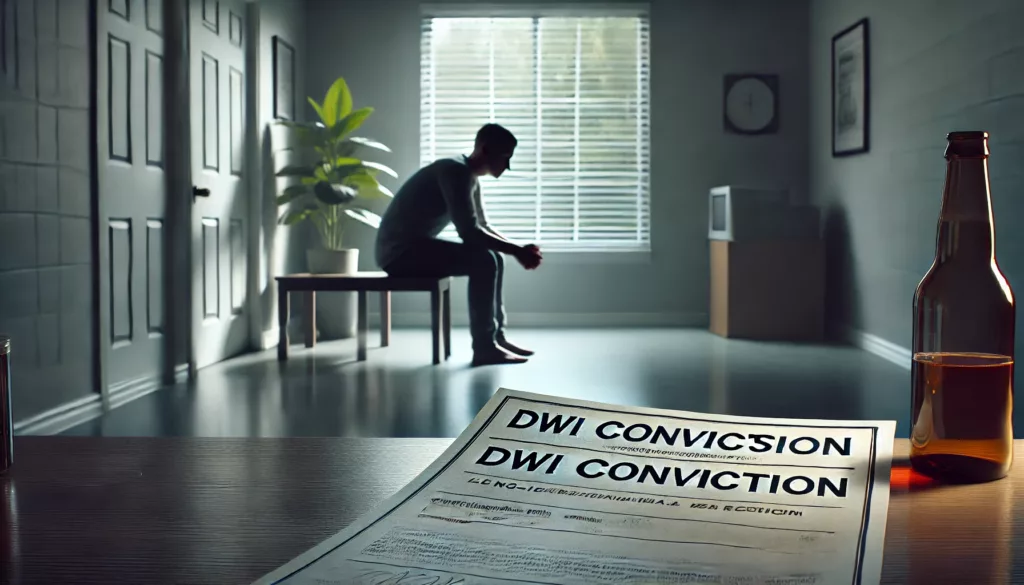 Person sitting alone in a quiet room, looking contemplative, with a DWI conviction document on the table, symbolizing the emotional and social consequences of a DWI conviction.