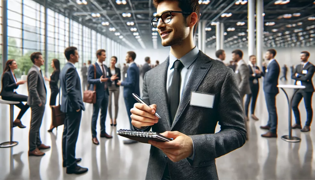 A professional holding a notepad and pen, engaging in a conversation at a networking event. The background features blurred individuals interacting in a modern, well-lit conference space, symbolizing professional growth and connection.