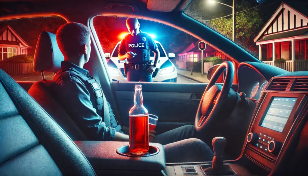 A police officer inspecting a parked car at night with an open bottle of alcohol visible on the passenger seat, illuminated by red and blue police car lights. The scene emphasizes the consequences of violating open container laws.