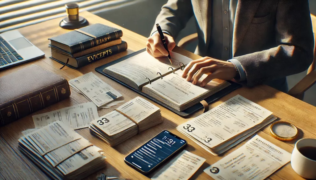 A person organizing evidence on a desk, including a diary, receipts, printed emails, and a phone showing text messages, emphasizing preparation and collaboration in a professional atmosphere.