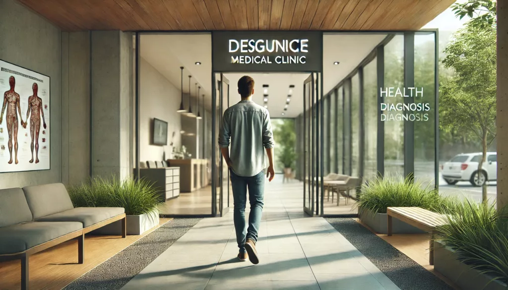 A person walking casually toward the entrance of a modern medical clinic, seen from behind, with glass doors and signage in the background. The setting features natural lighting, a calm atmosphere, and greenery along the pathway, symbolizing health and diagnosis.