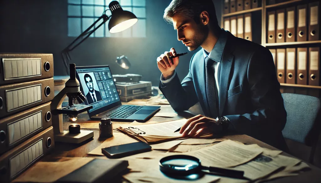 A private investigator in a dimly lit office, reviewing case files and a laptop with a witness report, surrounded by tools like a magnifying glass and notes, creating a serious and investigative atmosphere.