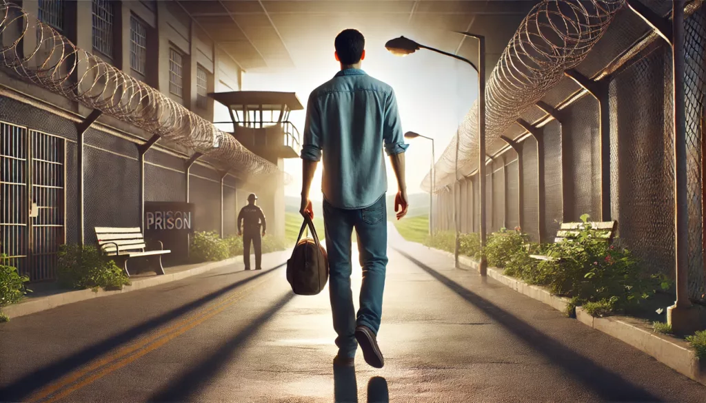 A man walking away from a prison, seen from behind, wearing casual clothes and holding a small bag. The scene includes prison gates and barbed wire, with an open road and bright horizon symbolizing freedom and a new beginning.