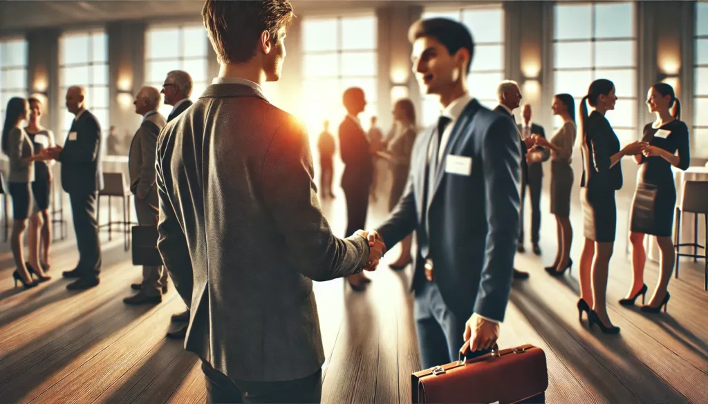 A professional at a networking event, seen from behind, shaking hands with another attendee. The background shows a blurred group of people engaged in conversations, symbolizing connection and rebuilding in a well-lit, professional setting.