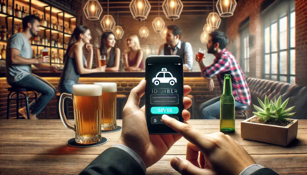 A person at a bar holding a smartphone with a ride-sharing app open, while a group of friends socializes in the background. The modern, well-lit setting highlights responsible decision-making and preventative measures.