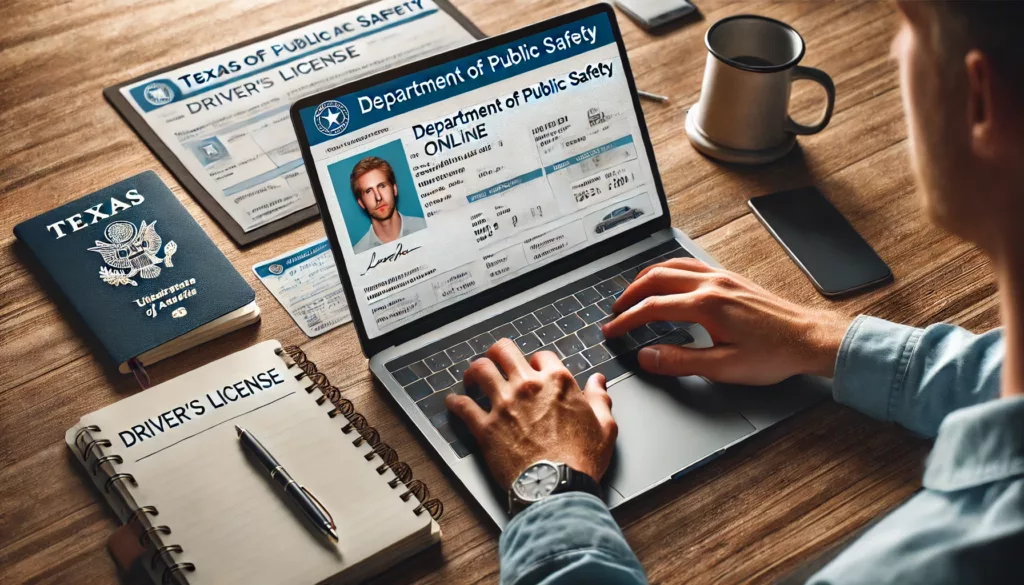 A person using the Texas Department of Public Safety online portal on a laptop to reinstate their driver's license, with a desk featuring a notebook, pen, and license documents in a focused, professional setting.