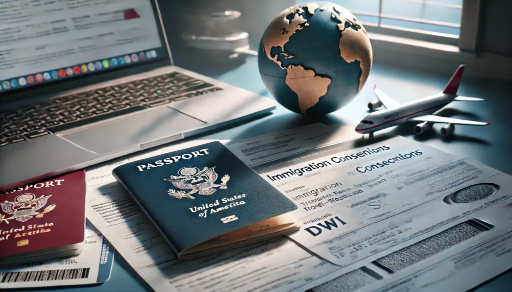 Passport, immigration paperwork, and boarding pass on a desk, with a laptop showing immigration travel restrictions, symbolizing the global travel and immigration implications of a DWI conviction.
