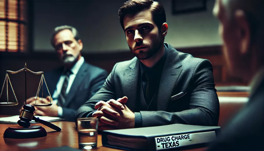 Man sitting at a courtroom table with hands folded and a lawyer beside him, symbolizing early defense strategy after a drug charge in Texas.