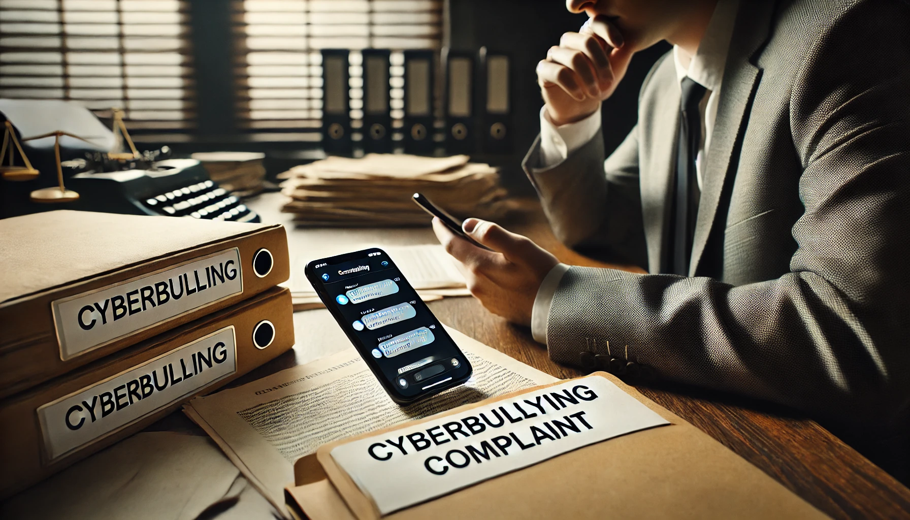 A person looking at a message thread on a phone with legal documents beside them, symbolizing how to respond to cyberbullying accusations in Texas.