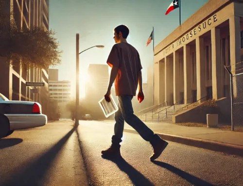 Young man walking confidently past a courthouse in Texas, symbolizing hope and resilience after drug charges, with sunlight casting long shadows.