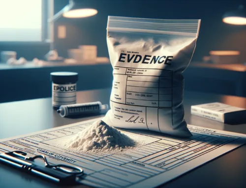 Evidence bag labeled "EVIDENCE" containing a white powder on a chain of custody form, with police-related items in the background, illustrating drug crime investigations and legal processes.