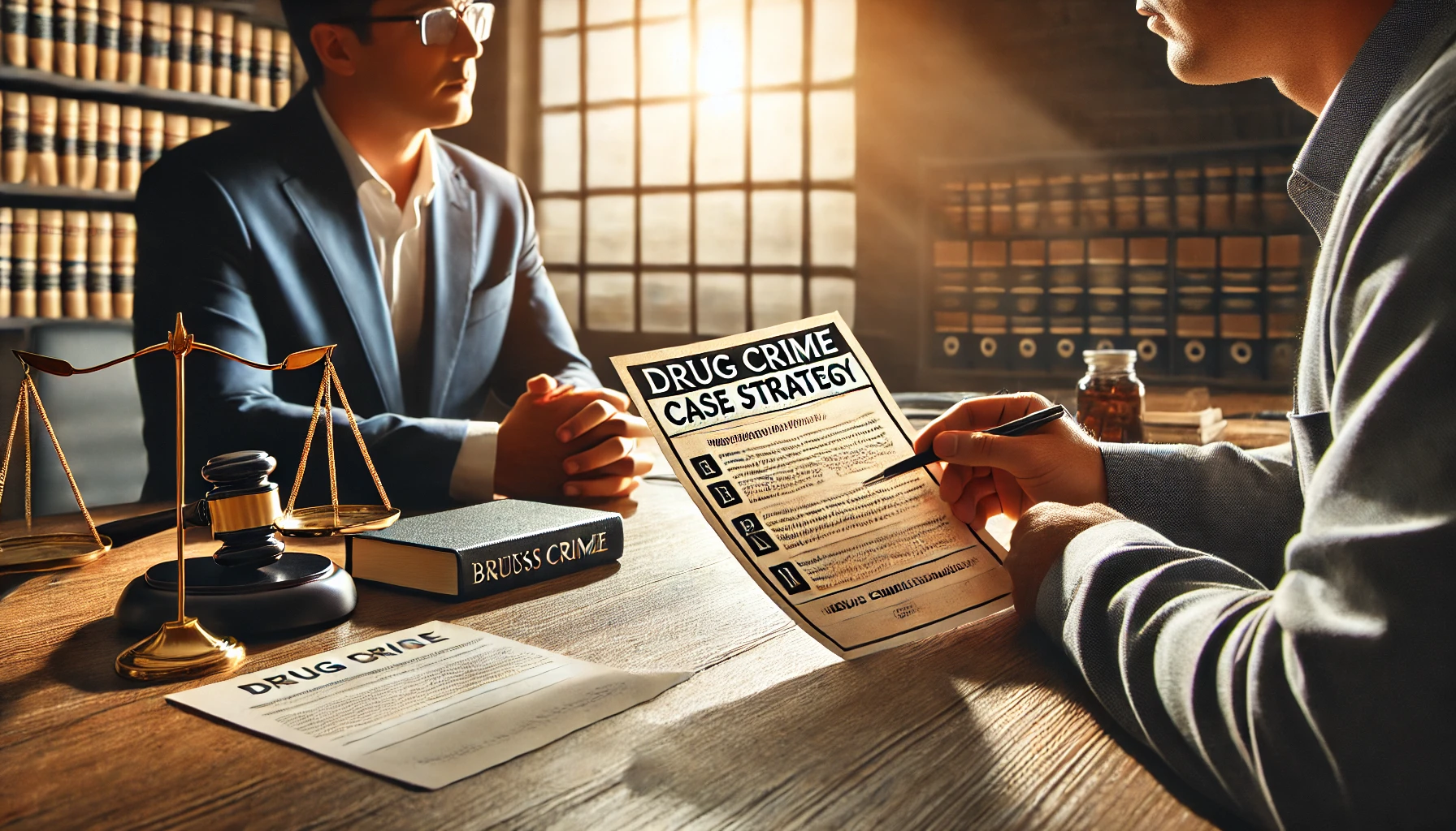 A client consulting with a criminal defense attorney in a Houston law office, reviewing a document labeled "Drug Crime Case Strategy," symbolizing the process of choosing the right drug crime lawyer.