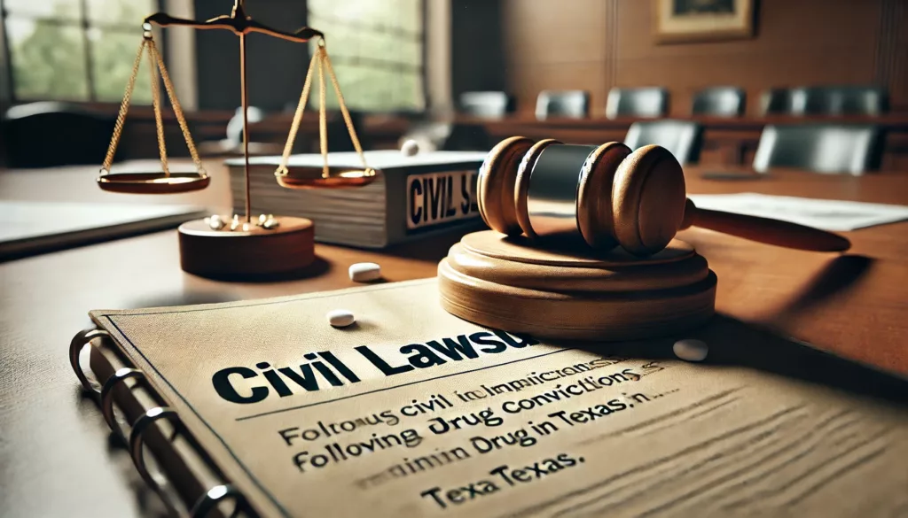 A gavel and legal documents labeled ‘Civil Lawsuit’ on a desk, symbolizing civil implications following a drug conviction in Texas.
