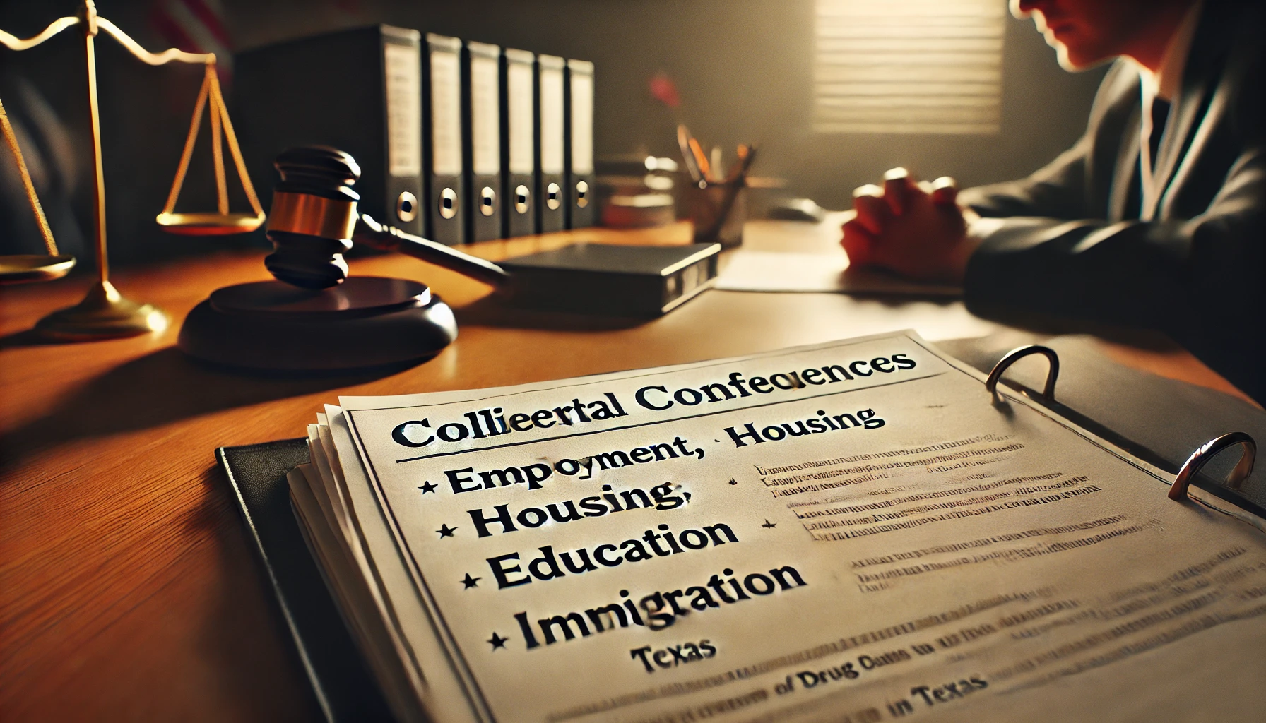 A courtroom desk with legal folders marked employment, housing, education, and immigration, symbolizing the collateral consequences of drug convictions in Texas