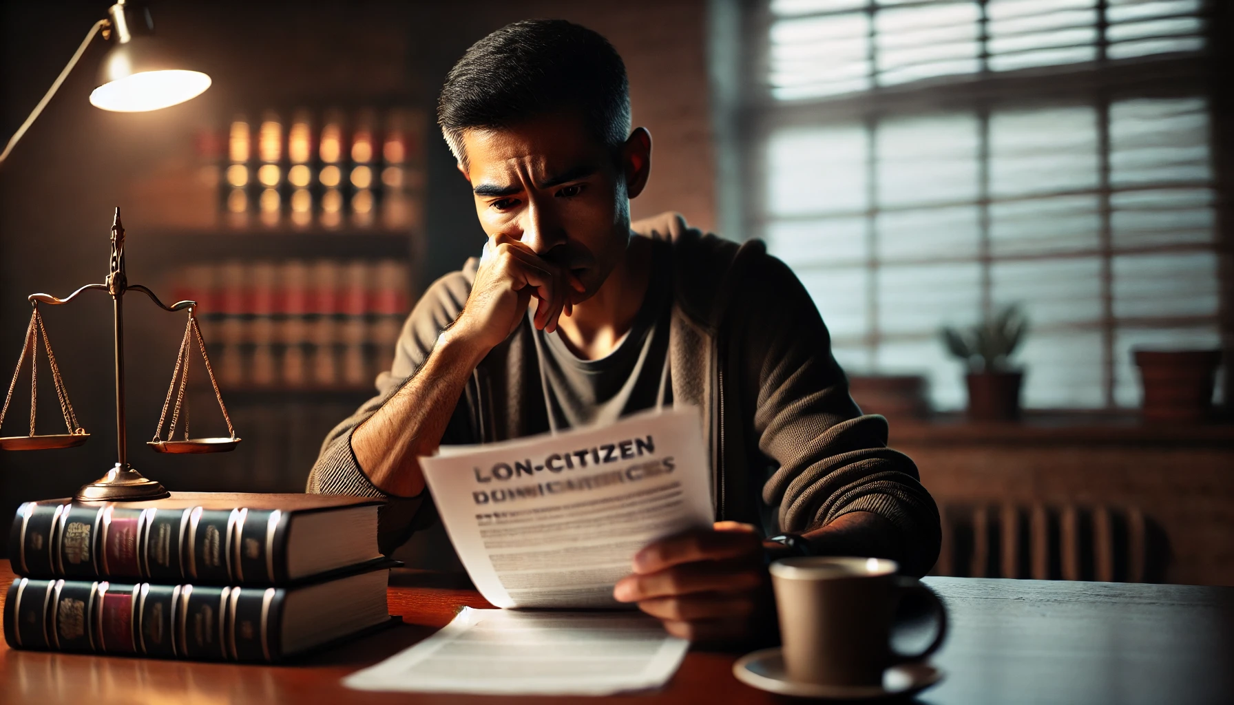 Man reading document titled "Non-Citizen Dilemmas" with law books and scales of justice in a dimly lit office, reflecting concerns about criminal charges and immigration status.