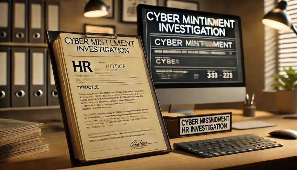 A professional workspace with a computer, HR notice, and a folder labeled “Cyber Misconduct Investigation,” symbolizing the career consequences of cyber threat allegations in Texas.