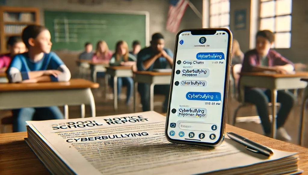 A school desk with a smartphone displaying a group chat and a legal notice labeled “Cyberbullying Report,” symbolizing when student online behavior becomes a criminal issue in Texas.